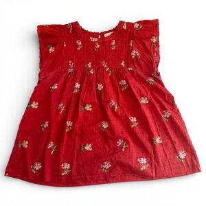 Ulla Johnson Astrid Top Women 8 Red Floral Swiss Dot Babydoll Ruffle Cap Sleeve